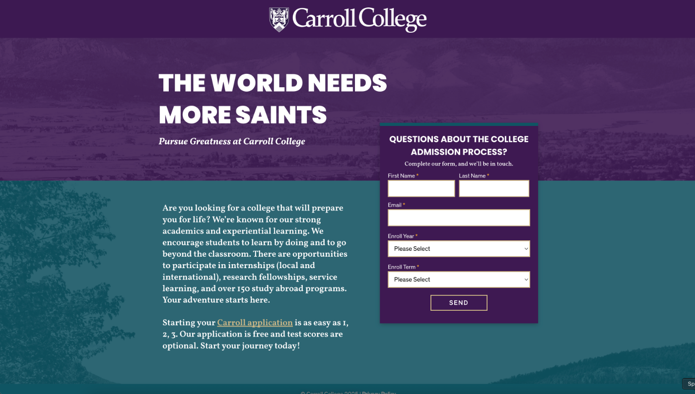 Carroll College landing page