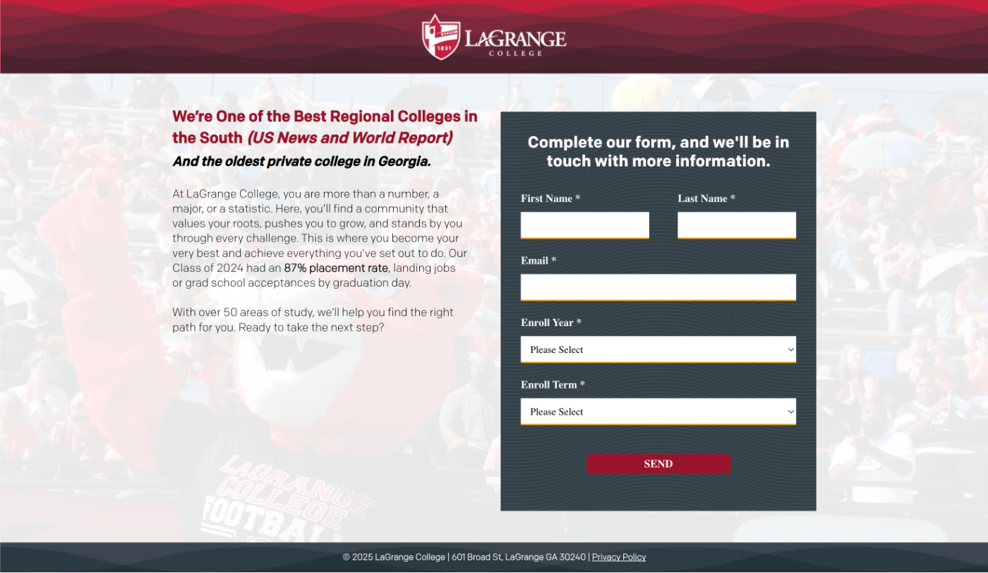 LaGrange College landing page