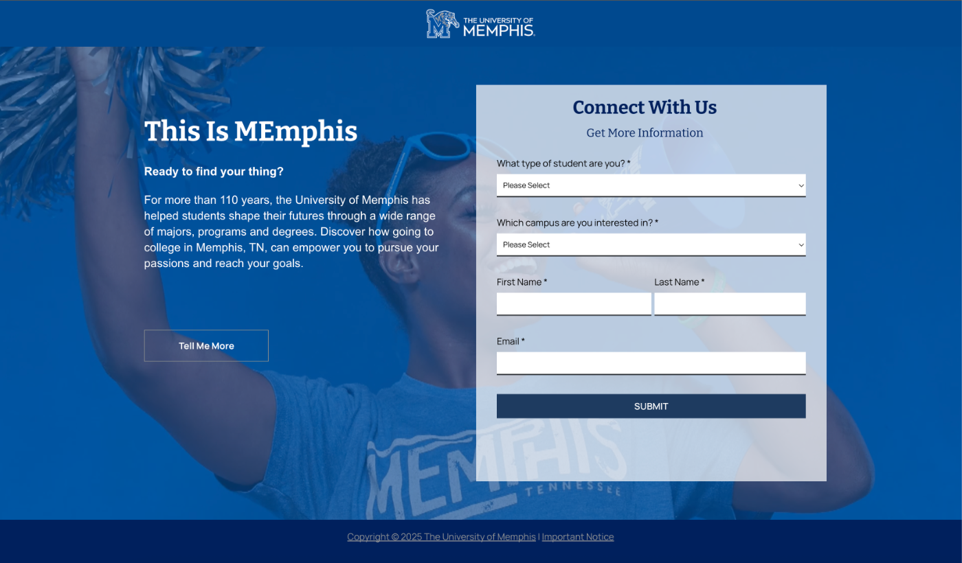 University of Memphis landing page